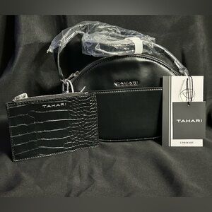 Tahari 2 PC Black Crosby Crescent Crossbody Bag Purse Card Pouch Chain Strap NWT